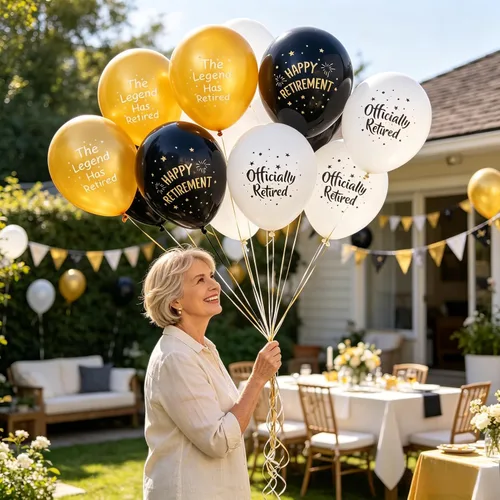Vista 6 de SUNBEAUTY 18 globos de látex de jubilación con patrón de 12 pulgadas, globos de látex de jubilación en blanco y negro para hombres y mujeres Globos