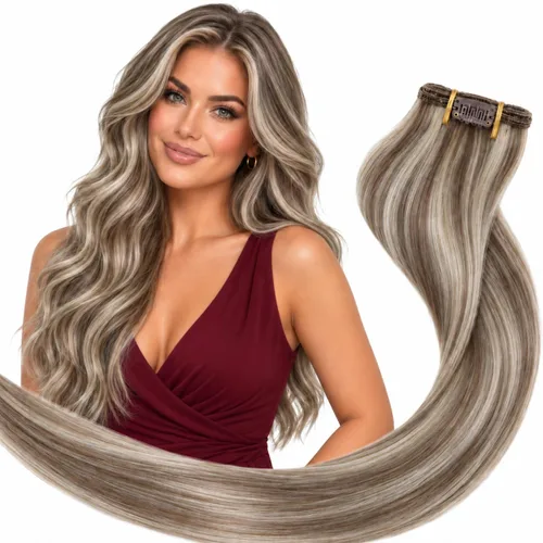 Vista 35 de Ve Sunny Extensiones de cabello humano real con clip balayage, color marrón castaño degradado a rubio, 12 pulgadas, 5 unidades, 2.82 onzas