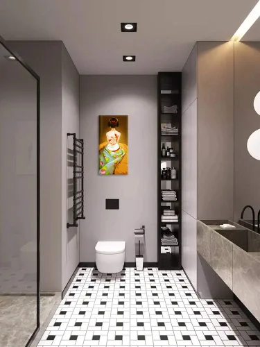 Vista 4 de ZOMNAI Arte de pared de mujer japonesa, pintura de estilo asiático, fondo amarillo, decoración de pared, tatuaje de peces en la parte posterior