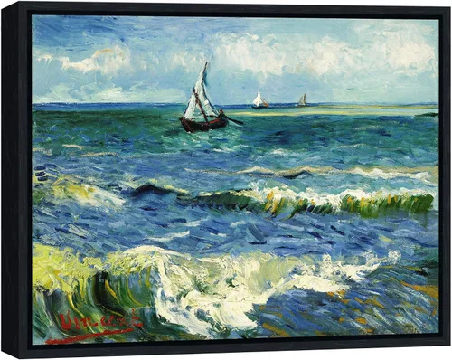 Vista 16 de Wieco Art Arte enmarcado negro paisaje marino en Saintes Maries por Vincent Van Gogh pinturas al óleo Reproducción modernas impresiones en lienzo