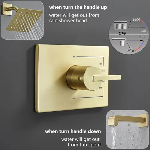 Vista 3 de SOOOHOT Accesorios de ducha dorados cepillados, juego de grifo de bañera y ducha con cabezal de ducha dorado de 6 pulgadas y boquilla de tina, juego