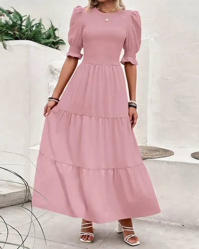 Vista 22 de BTFBM Vestidos para mujer, cuello redondo, casual, de verano, con volantes, manga corta, bohemio, con niveles, fruncido, largo, con estampado floral