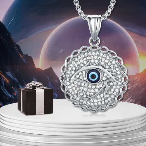 Vista 4 de SILBAZ Evil Eye Necklace Blue Eye RoundHamsaEye of HorusEvil Eye Lucky Necklace Stainless Steel Lucky Zircon Pendant Jewelry Gifts for Women Men