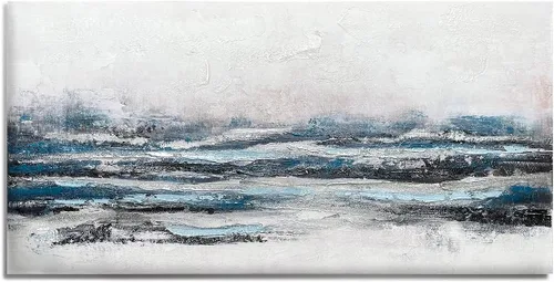 Vista 10 de Waowumar Lienzo abstracto azul y gris para pared, pintura azul neblina, cuadros texturizados azul marino y plateado para dormitorio, ilustraciones