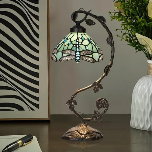 Vista 5 de TL0024 Lámpara estilo Tiffany azul mar con libélula, pantalla de vidrio emplomado y base de lámpara de mesa con diseño de vid para dormitorio, sala