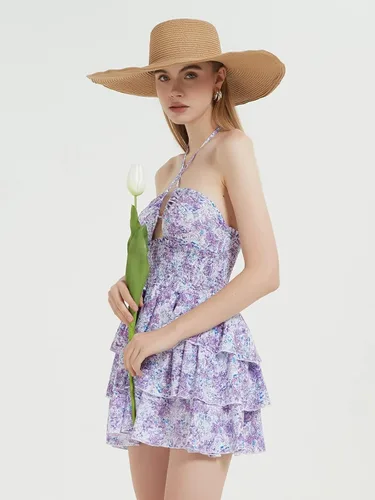 Vista 5 de Mebius Mini vestido floral de verano para mujer, con tirantes cruzados, halter, espalda descubierta, cintura fruncida, vestido corto con volantes