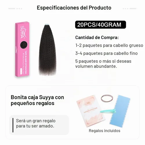 Vista 2 de SUYYA Extensiones de Cabello Humano Rizado Liso con Cinta, Color Negro Natural, Extensiones de Cabello con Cinta, Cabello Humano Rizado Liso, 12