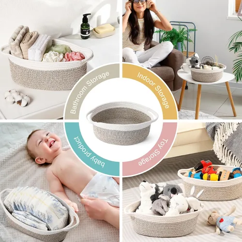 Vista 7 de Paquete de 2 cestas pequeñas tejidas con bolsas de regalo y cintas, caja de cofre de regalo decorativa vacía, linda cesta de regalo para bebé