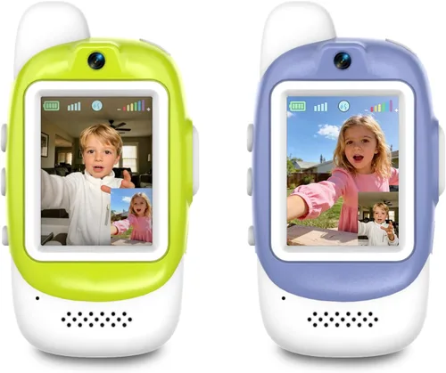 Vista 12 de Walkie Talkies de video para niños, paquete de 2 walkie talkies de video recargables, cámara HD, cambiador de voz, para diversión familiar, Azul