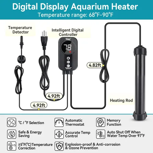 Vista 2 de hygger Calentador de Acuario Marino 50W 100W 200W 300W 500W, Calentador de Titanio con Calibración de Temperatura, Controlador LED Digital, Sonda
