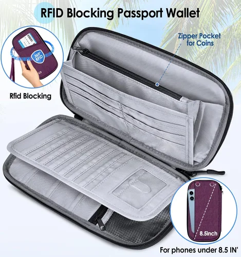 Vista 4 de BKNOOU Soporte para pasaporte familiar, organizador de documentos de viaje con correa cruzada para muñeca, cartera impermeable para pasaporte