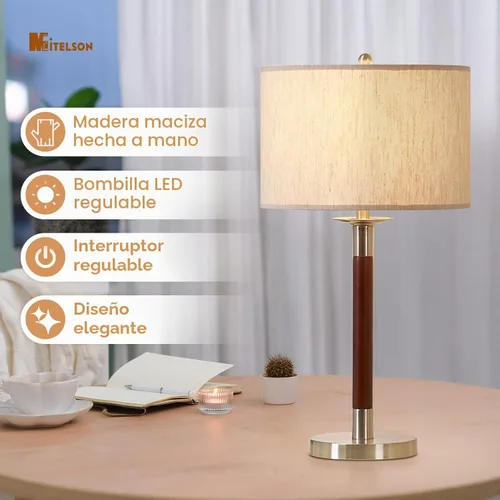 Vista 2 de Lámpara moderna de mediados de siglo con interruptor regulable y bombilla, lámpara de noche LED para dormitorio, lámpara de mesa de madera