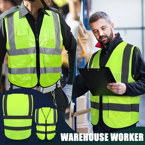 Vista 6 de Leumoi Paquete de 30 chalecos de seguridad reflectantes con bolsillos y cremallera de alta visibilidad para mujeres y hombres para el trabajo