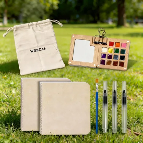 Vista 2 de Mini juego de pintura de acuarela, kit de viaje de mini paleta de pintura, juegos de paleta de artistas portátiles con 24 colores, 2 libros