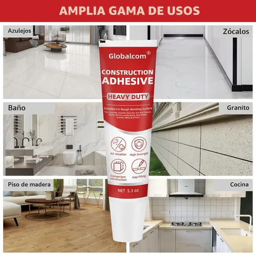 Vista 2 de Globalcom Adhesivo para construcción resistente, adhesivo para pisos de baldosas, piedra, mármol, granito y madera, para rellenar huecos e