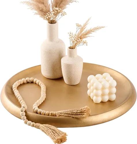 Vista 10 de DN DECONATION Bandeja otomana plateada, bandejas decorativas redondas grandes para decoración del hogar, bandejas de mesa auxiliar para perfumes