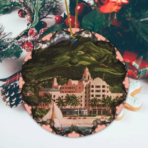Vista 5 de Adorno de cerámica colgante para árbol de Navidad, adorno de Navidad de hotel hawaiano real, adorno de Navidad, recuerdo, decoraciones navideñas