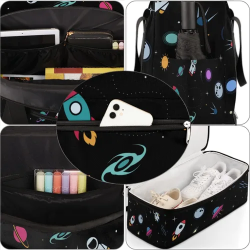Vista 6 de Rocket Airship Earth Astronaut Foldable Travel Duffel Bag Tote Carry On Luggage Sports Gym Bag With Shoe Compartment For Woman Man Overnight Weekend
