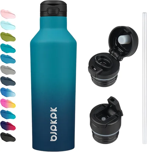 Vista 16 de BJPKPK Botella de agua aislada con pajilla, botellas de agua de acero inoxidable de 17 onzas con 2 tapas y asa de transporte, botella térmica