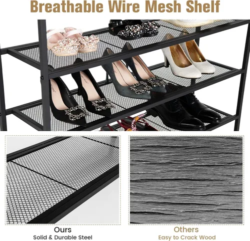 Vista 8 de Giantex Zapatero de 5 niveles, organizador industrial de almacenamiento de zapatos de metal ajustable con 4 estantes de malla metálica para 16-20