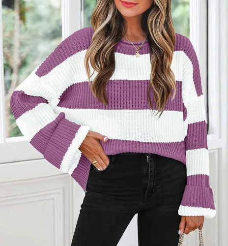 Vista 71 de ZESICA Suéter tejido sin botones de manga larga y cuello redondo, a rayas, bloques de color, cómodo, holgado, talla extragrande para mujer de 2024