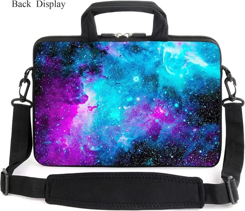Vista 2 de Funda para laptop de 15.6 pulgadas, estuche para chromebook, correa de hombro ajustable con asa, bolsillo para accesorios (Galaxias azules)