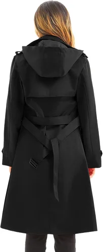 Vista 2 de FARVALUE Gabardina impermeable para mujer, rompevientos de doble botonadura, clásico con solapa con cinturón y capucha extraíble