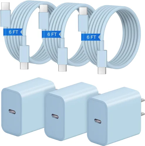 Vista 14 de Cargador de carga rápida para iPhone 17, 16, 15, paquete de 3+3 cargadores de pared USB C de 20 W con cable de carga rápida de 6 pies compatible