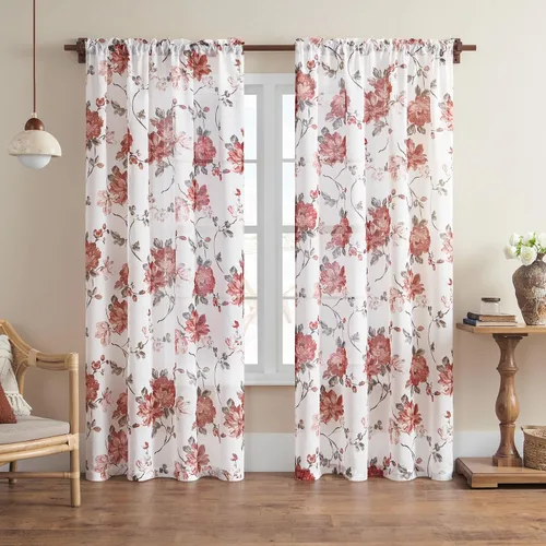 Vista 18 de FOLKSIDE - Cortinas florales azules, 63 pulgadas de largo, juego de 2 paneles, bolsillo para barra, cortinas florales semitransparentes