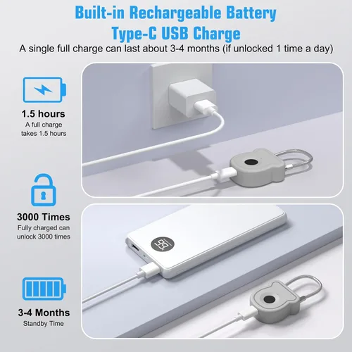 Vista 8 de Candado inteligente de huellas dactilares para equipaje, capacidad de 20 usuarios, llave USB y código de emergencia, cerradura biométrica sin llave