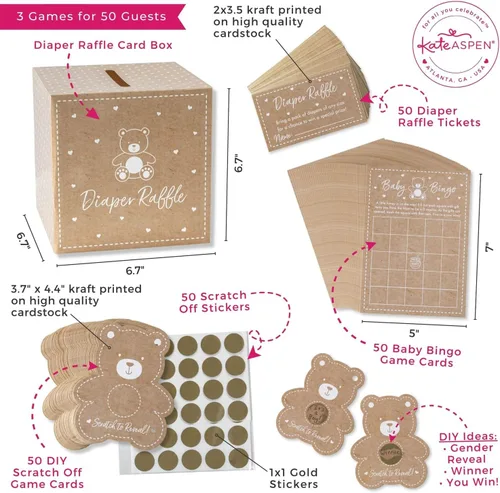 Vista 6 de Kate Aspen Rifa de pañales de oso Kraft, bingo y bricolaje para baby shower, juego de rascar (juego de 50), decoraciones de género neutro para baby
