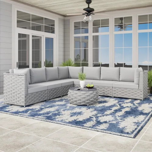 Vista 32 de Juego de muebles de cubierta: 3 piezas de sofá de conversación de patio de cuerda tejida de aluminio para 2, cómodos cojines para sofá y mesa