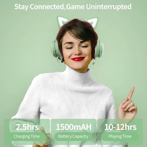 Vista 4 de Auriculares con orejas de gato, auriculares para juegos (inalámbricos, verde)