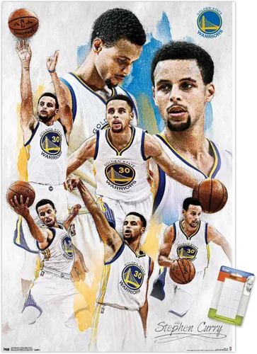 Vista 10 de Trends International NBA Golden State Warriors - Póster de pared de Stephen Curry 16, 14.725 x 22.375 pulgadas, versión enmarcada de madera