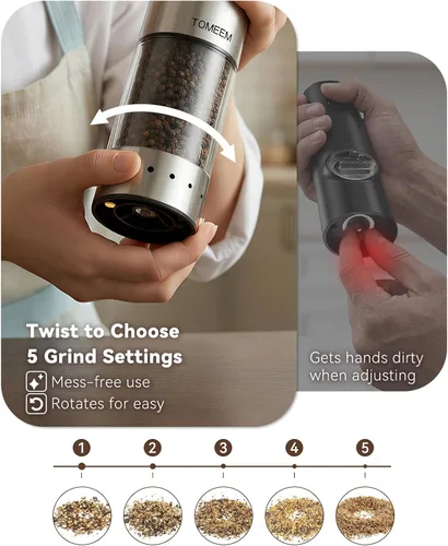 Vista 3 de TOMEEM Juego de molinillo eléctrico recargable de sal y pimienta, molinillo de pimienta automático de acero inoxidable de gran capacidad de 3.9 fl