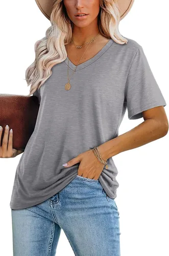 Vista 3 de Donnalla Paquete de 2 camisetas básicas de manga corta con cuello en V para mujer, color sólido