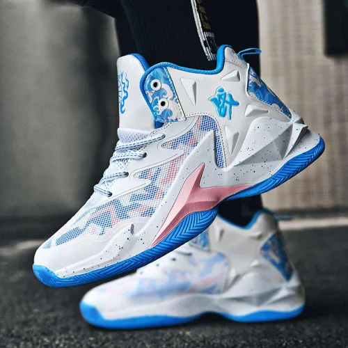 Vista 7 de VAXAV Women's Men's High Top Basketball Shoes Blanco Azul