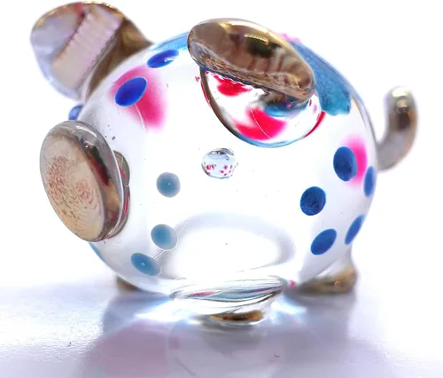 Vista 5 de Figuras pequeñas de cerdo en miniatura de animales soplados a mano, arte de vidrio coleccionable, decoración de regalo, V1 (flor azul)