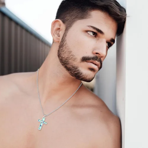 Vista 56 de Collar de cruz para hombre, piedras preciosas de color piedra natal de circonita cúbica, collar de acero inoxidable para hombre, cadena de 24