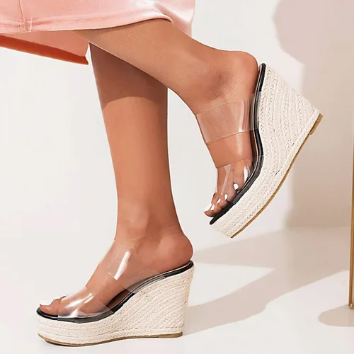Vista 3 de VARECOLA Sandalias de tacón de cuña con correas transparentes para mujer, sandalias de plataforma con puntera abierta