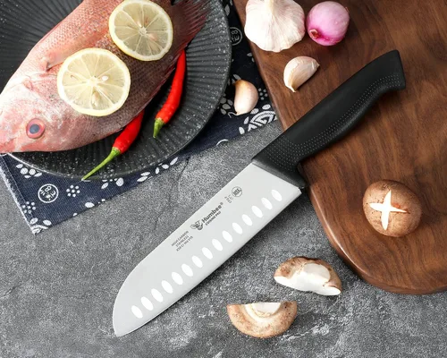 Vista 5 de Chef Santoku Cuchillo de cocina ultra afilado de 7 pulgadas, cuchillo de chef japonés profesional certificado NSF CP2-7 negro