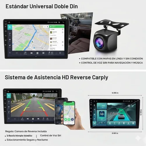 Vista 2 de Estéreo de auto doble DIN con CarPlay inalámbrico y Android Auto, radio de coche Android de 9 pulgadas con cámara de respaldo, Bluetooth 5.4