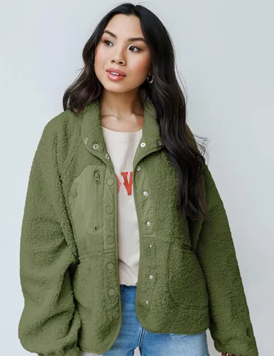 Vista 3 de Aoang Abrigos de invierno para mujer, casual, con solapa, manga larga Verde militar