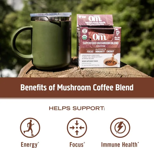 Vista 2 de Om Mushroom Superfood Mezcla de café en polvo de hongos, porción única, 10 unidades, granos arábica orgánicos, melena de león, cordyceps, cola
