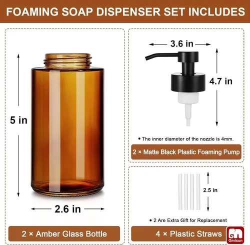 Vista 6 de GMISUN Dispensador de jabón espumoso de vidrio, dispensador de jabón de vidrio ámbar de 10 onzas líquidas para baño y cocina, paquete de 2