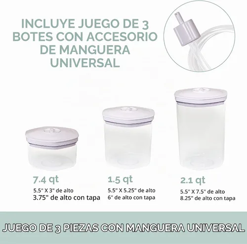 Vista 4 de Avid Armor Juego de recipientes de alimentos al vacío de 3 piezas para la cocina del hogar con manguera de accesorios en tamaños de 2L, 1.4L y 0.7L