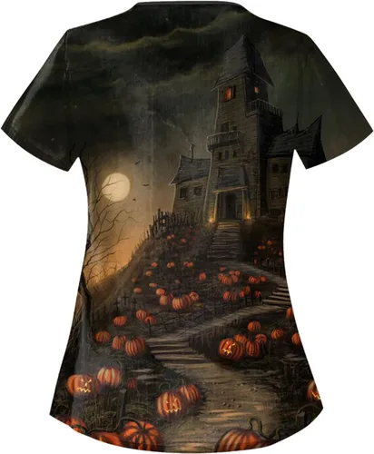 Vista 2 de Camisetas médicas de Halloween, talla grande, estampadas, manga corta, cuello irregular, uniforme de enfermería, divertida