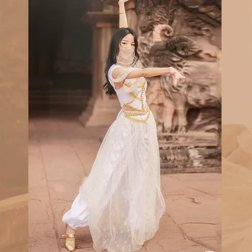 Vista 4 de Disfraz de jazmín de danza del vientre, disfraz de princesa de Aladdin, blanco para mujer
