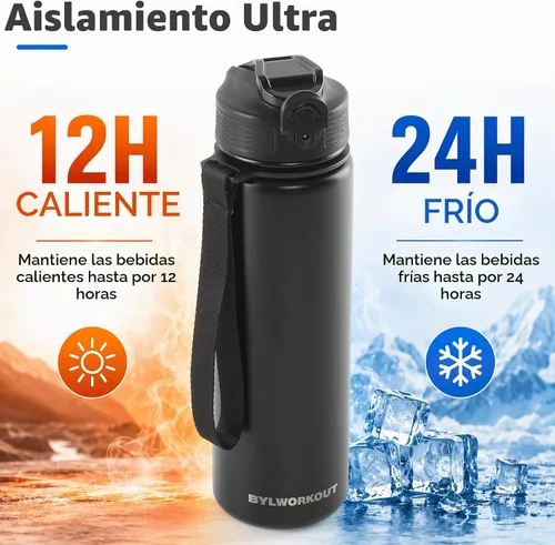 Vista 3 de BYLWORKOUT Botella de agua aislada de 24 onzas con pajilla, 2 tapas, a