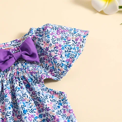 Vista 5 de MODNTOGA Vestido de verano floral para niña, manga con volantes, estampado de flores silvestres, vestido de playa para niña, vestido de princesa
